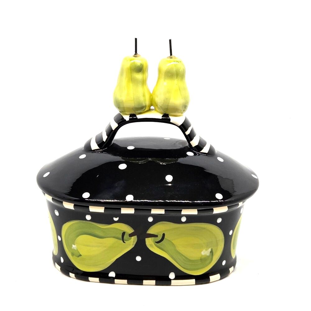 Lynn Morris Studio Pottery Black White Polka Dots Green Pear Covered Dish VGC